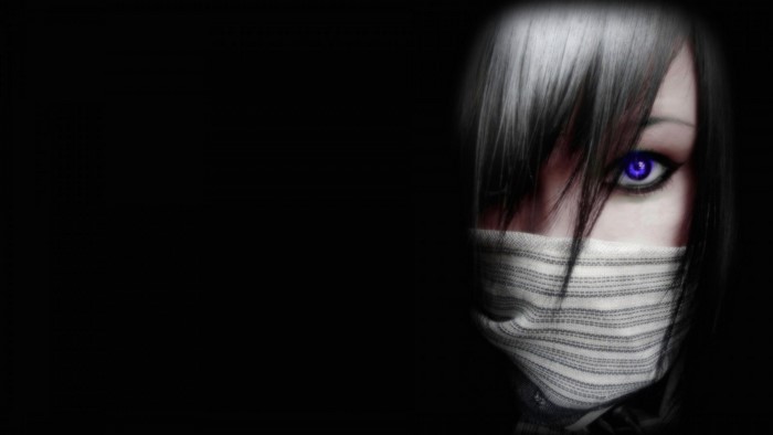 Woman with purple eyes and striped mask