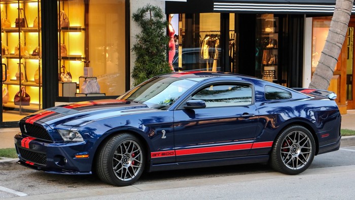 Blue Ford Mustang Shelby GT500 with Red Stripes