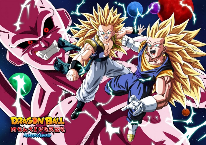 Gotenks and Vegito from Dragon Ball Z fighting Majin Buu