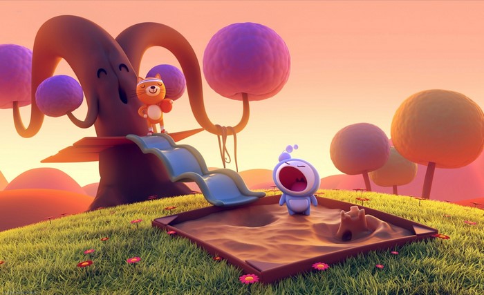 Cartoon characters playing in a sandbox and on a slide