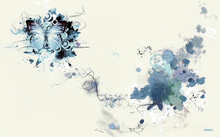 Abstract blue butterfly with watercolor splashes and sketches