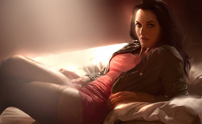 Woman in pink dress and fishnet stockings lying down