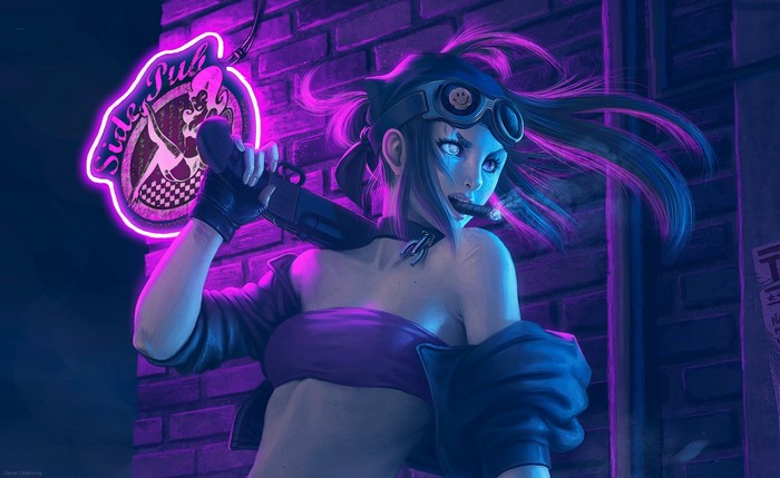 Girl with shotgun and cigar in front of Side Pub neon sign