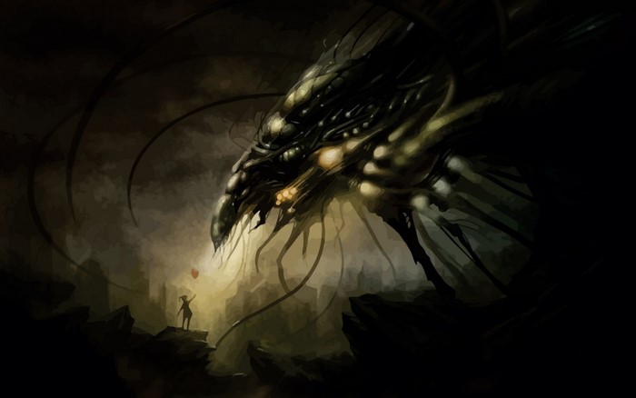 A child with a balloon faces a giant alien creature