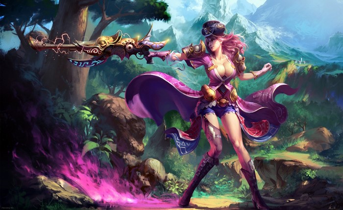 Fantasy woman with ornate rifle in a magical forest
