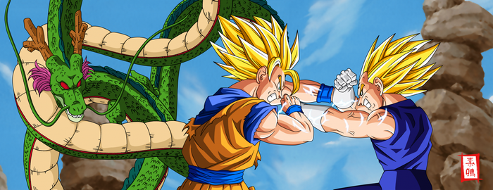 Goku and Vegeta fighting with Shenron in Dragon Ball Z