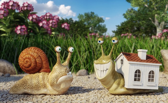 Two cartoon snails in a garden with flowers
