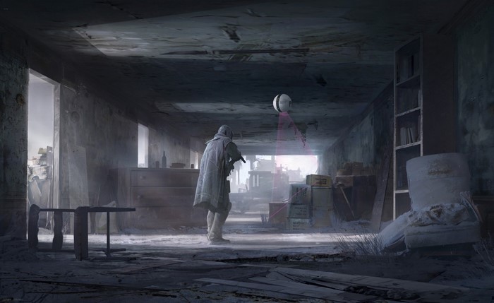 Soldier with drone in ruined building