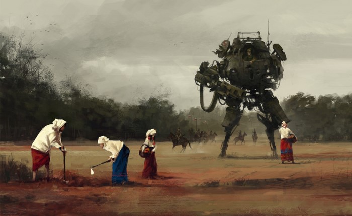Mech and farmers in a field