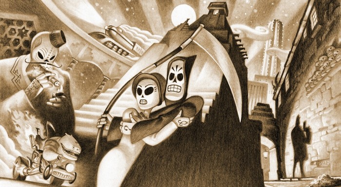 Grim Fandango artwork with skeleton couple and Grim Reaper