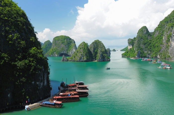 Ha Long Bay, Vietnam with boats and limestone karsts