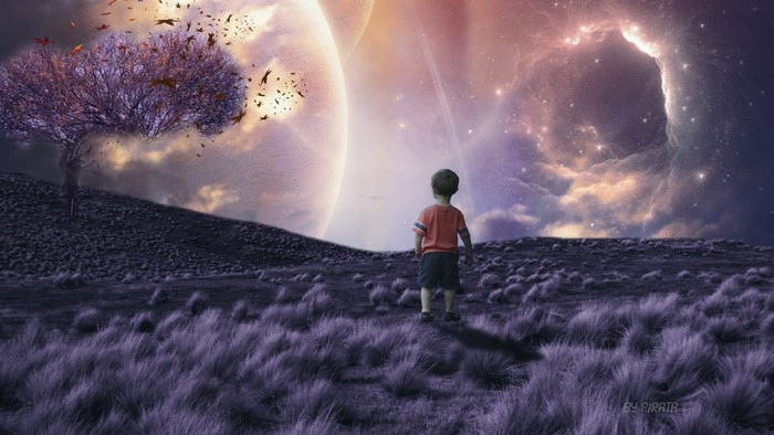 Child looking at planets and nebula