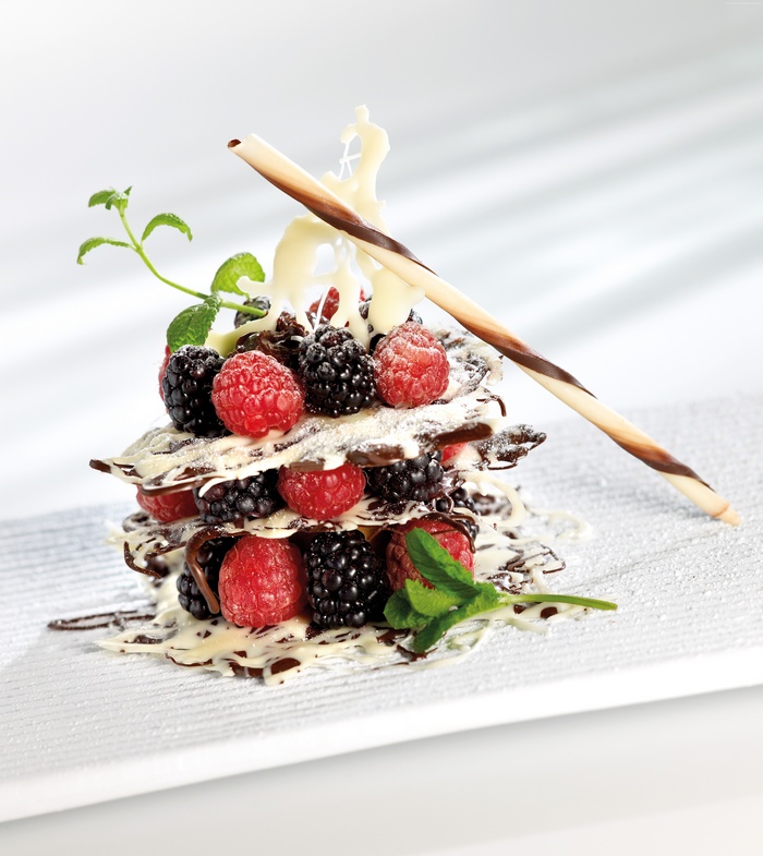Chocolate mille-feuille with berries and mint