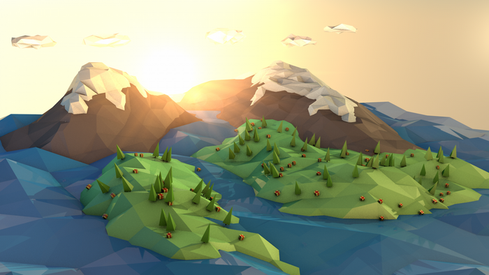 Low poly island landscape with mountains and sea at sunset