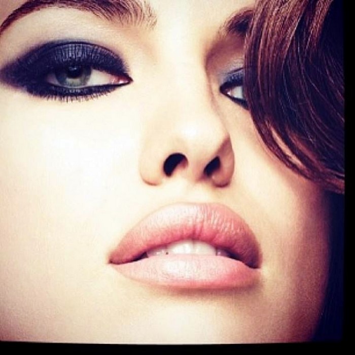 Close-up of Irina Shayk's face with dramatic makeup
