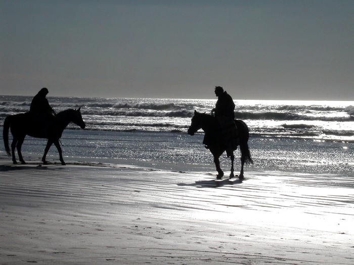 Two people on horseback on a beach with waves