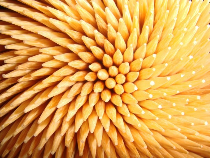 Close-up of a cluster of pointed wooden toothpicks