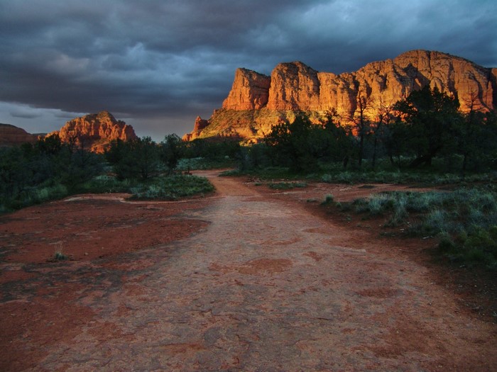 Sunset Glow on Rocky Plateau and Trail