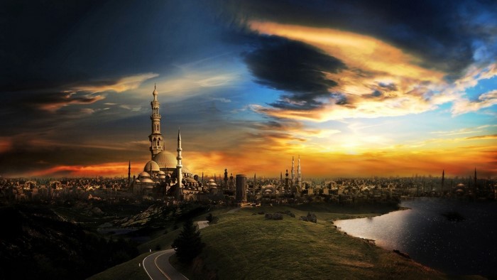 Cityscape with Mosques at Sunset