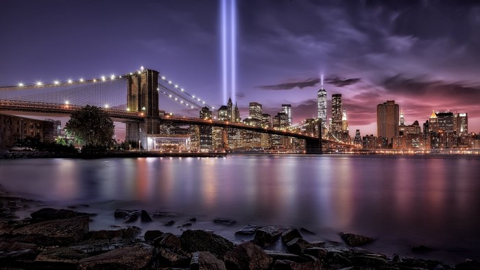 Brooklyn Bridge and New York City Skyline at Night with Tribute in Light