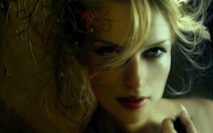 Fantasy portrait of a woman with blonde hair and spiders
