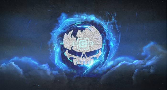 Digital art illustration of a skull with blue energy