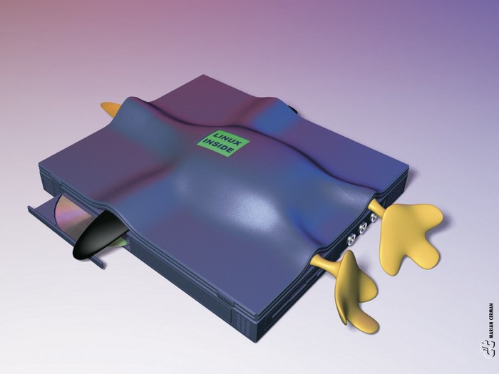 Linux Tux character on a computer with CD drive