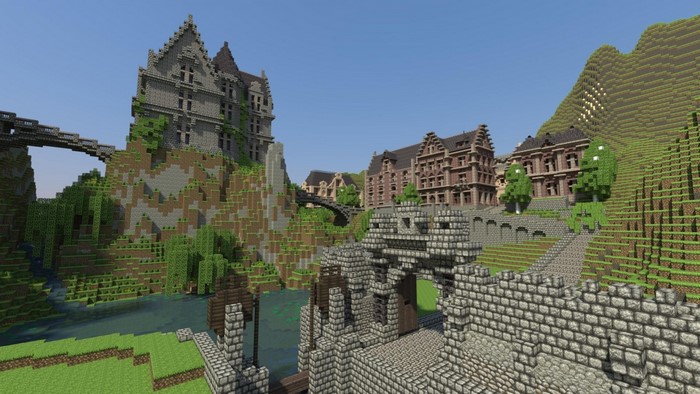 Minecraft castle and village on a mountainside with a river