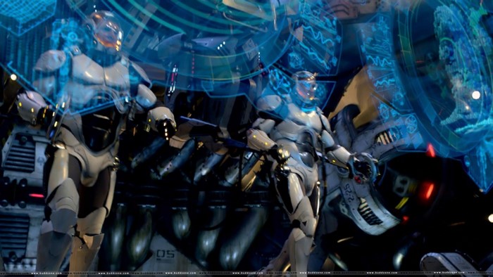 Two pilots in Jaeger suits with holographic displays