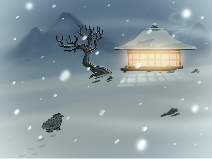 A lone figure walks through a snowy landscape towards a lit building.