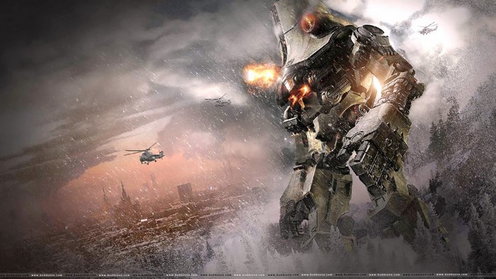 Jaeger from Pacific Rim fighting helicopters over a city