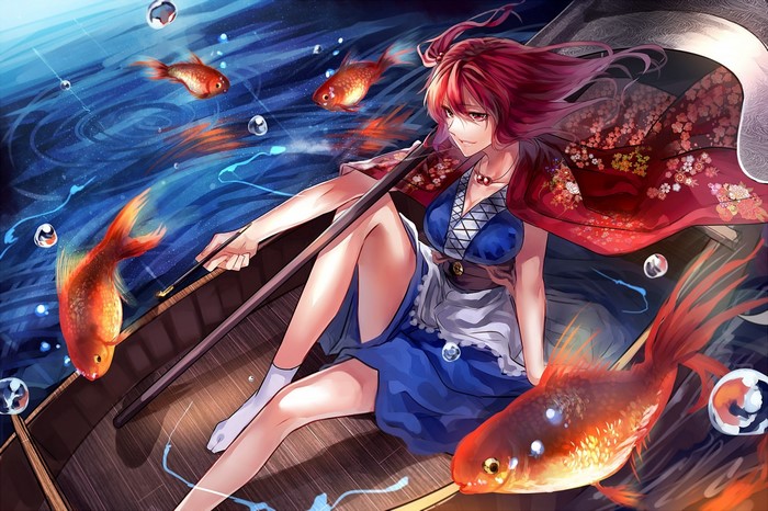 Onozuka Komachi from Touhou in a boat with goldfish