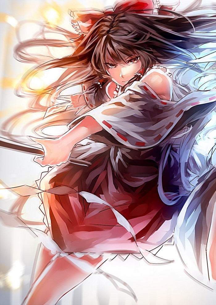 Hakurei Reimu from Touhou holding a sword