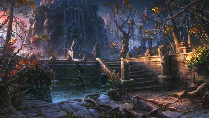 Fantasy castle ruins with bear statues and overgrown nature