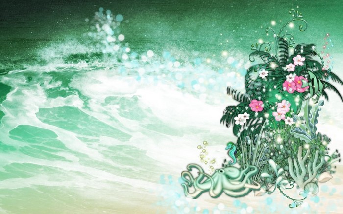 Underwater scene with octopus, seahorse, and flowers