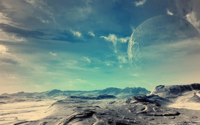 Alien planet landscape with a large moon in the sky