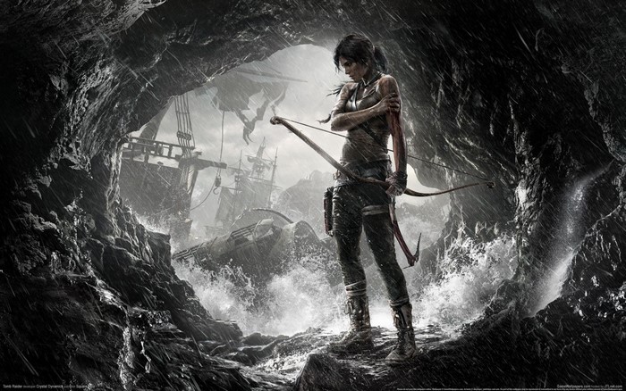 Lara Croft from Tomb Raider with bow and arrow in a cave