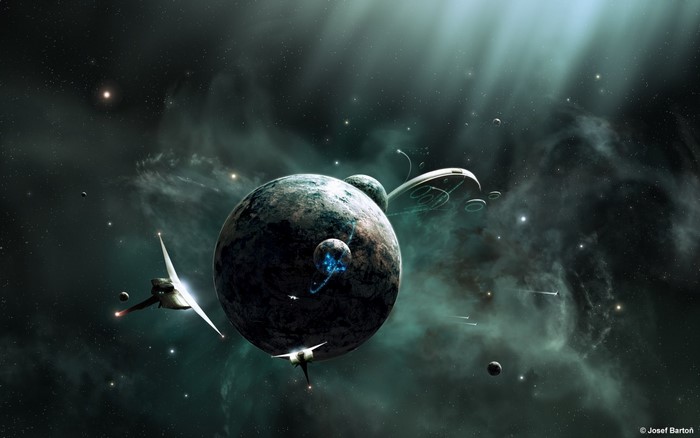 Spaceships near planets and nebula in outer space