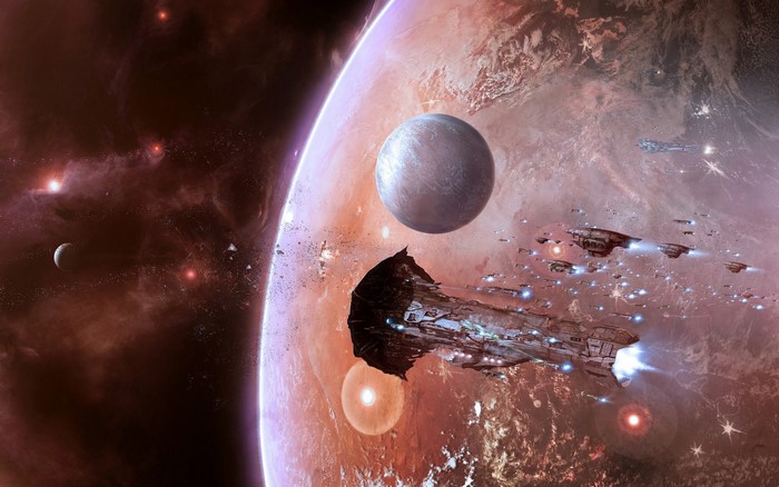 Spaceships near a planet and moon in space