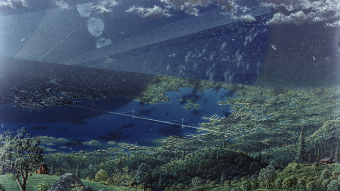 O'Neill Cylinder space habitat with a terrestrial landscape