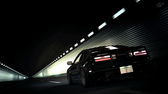 Black Nissan 300ZX Z32 driving through a tunnel