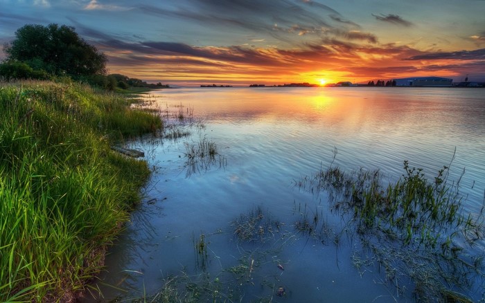 Sunset over a calm lake with grassy shore