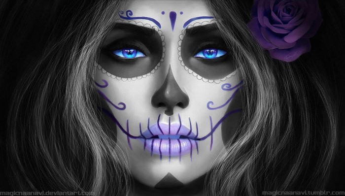 Woman with Sugar Skull face paint and blue eyes