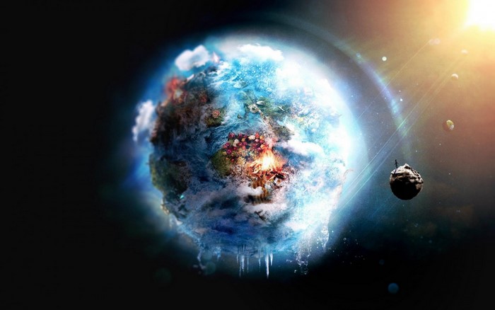 Fantasy planet with ice and flowers in space