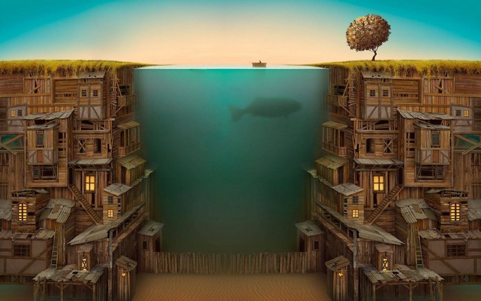 Split view of a surreal town built on a cliff overlooking a deep body of water with a whale
