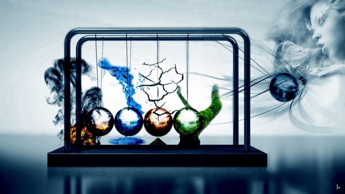 Newton's cradle with elements and a woman