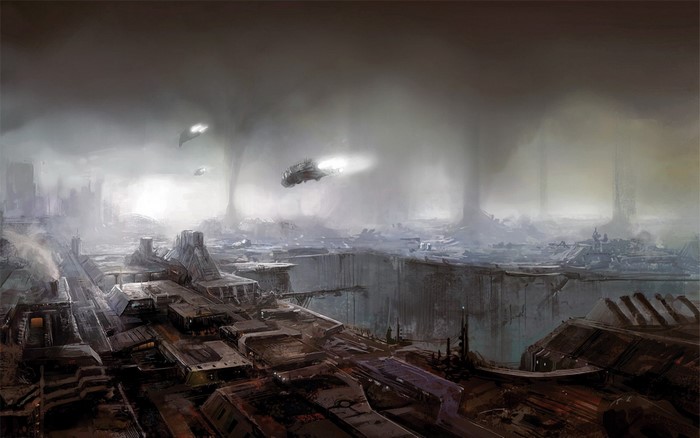 Science fiction city with flying vehicles and storms