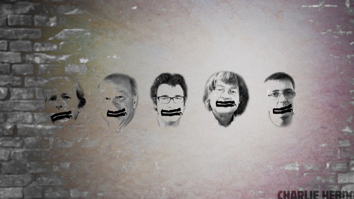 Charlie Hebdo cartoonists with mouths taped shut