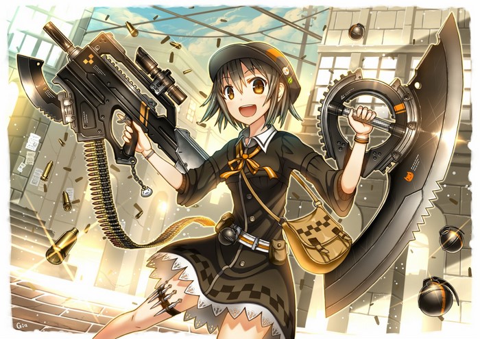 Anime girl with machine gun and axe