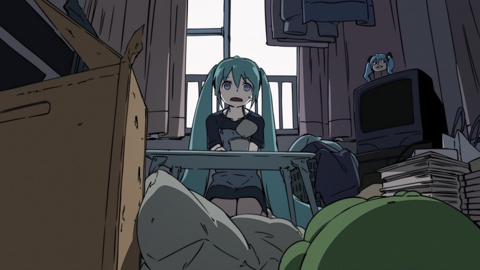 Hatsune Miku in a messy room with a computer